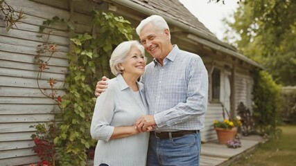 Golden Years Embrace: A loving elderly couple shares a tender moment in front of their charming home, encapsulating a lifetime of shared experiences and enduring affection.