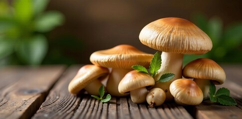 Freshly picked mushrooms displayed on a rustic wooden table with green leaves.