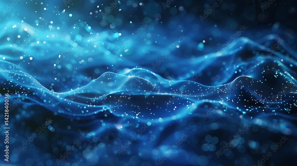 Poster abstract digital background of flowing blue waves made of glowing particles and bokeh lights. repres