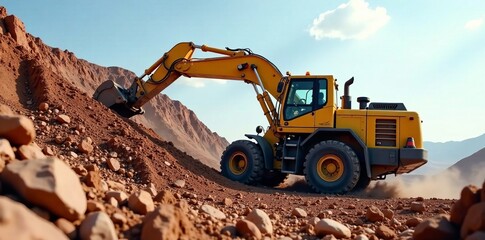 Obraz premium Heavy machinery excavating dirt in a construction site with a clear blue sky.