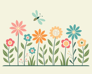 Colorful Stylized Flower Meadow with Dragonfly Illustration Graphic