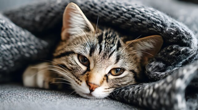 Close up of a tabby cat resting comfortably under a gray knitted blanket on a gray upholstered sofa
