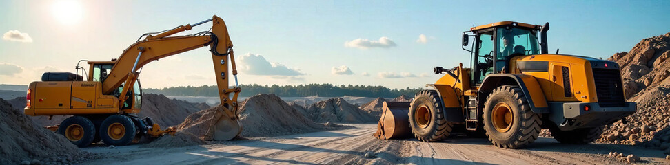 Heavy machinery working on a construction site under a clear blue sky.