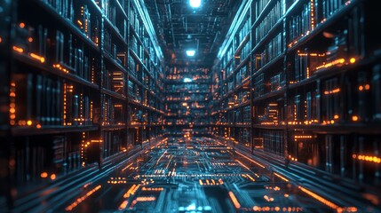 Fototapeta premium Futuristic library corridor with glowing bookshelves