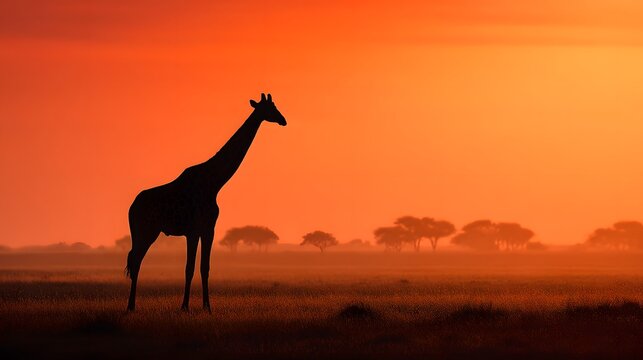 Silhouette of a giraffe against an orange sunset in a hazy african landscape with sparse trees