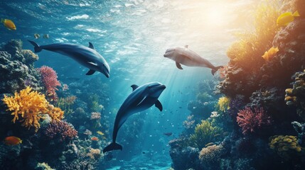 Fototapeta premium Majestic dolphins swim amidst vibrant coral reef. Sunlight streams through the water, illuminating the colorful marine life
