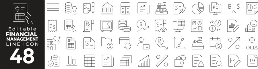 Financial Management Icon Set: A Line Icon Collection Featuring Budget, Expenses, Money Flow, Investment, Reports, and More