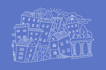 Fototapeta premium Houses, street, old city. Drawing, doodle. Outline, architecture, construction, monochrome vector graphics, hand drawn illustration, isolated background.