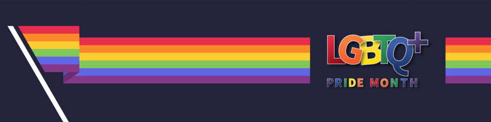 LGBTQ Rainbow flag with Pride Month text. Symbol of Pride Month. Background for festival parades and social events. Design for poster, flyer, web, banner, and template.  Vector illustration.
