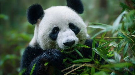 Obraz premium A panda bear eating bamboo leaves in a lush green forest with a blurred background in the daytime light