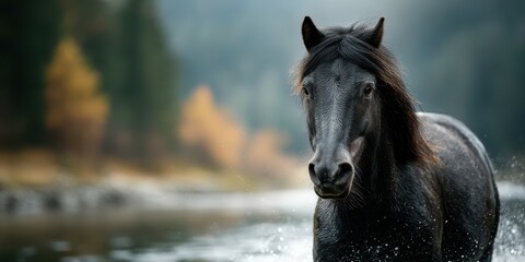Majestic black horse splashes through a serene river in a lush forest during golden hour