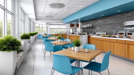 Modern Hospital Cafeteria Dining Area - Bright, airy hospital cafeteria with healthy food options, comfortable seating, and natural light. Represents health, wellness, community, nourishment