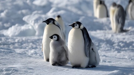 A group of emperor penguins standing on a snowy surface with other penguins in the background blur