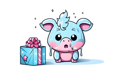 Fototapeta premium Detailed cold gradient line drawing of a sad cartoon pig shedding tears for emotional use