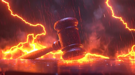 A dramatic image depicts a gavel striking down on a fiery auction table, symbolizing a forceful and decisive legal judgment regarding a property dispute, perhaps involving a house