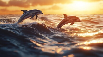 Obraz premium Majestic dolphins leap in the golden sunset ocean
