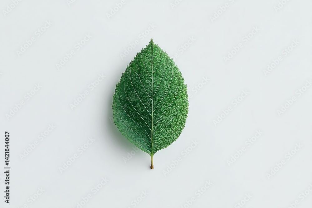 Poster single green leaf from broadleaf tree sits isolated on plain white background creating striking cont