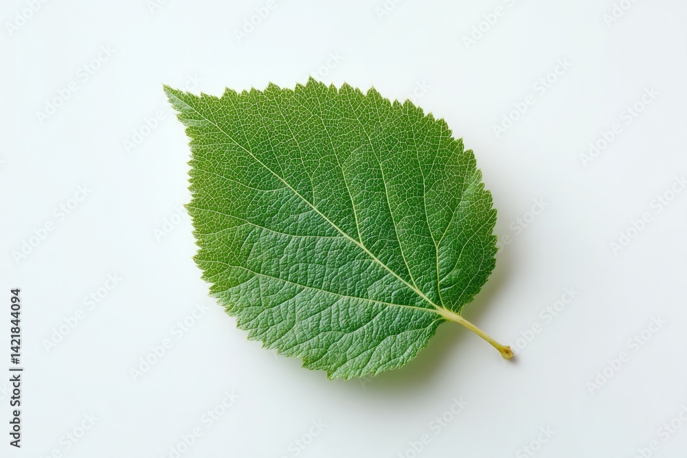 Poster single green leaf from broadleaf tree sits isolated on plain white background creating striking cont