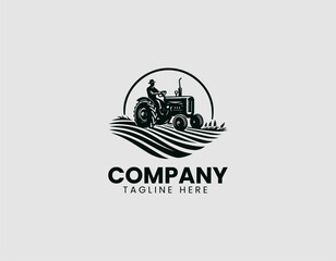 Fototapeta premium Vintage Countryside Scene Farmer Old Tractor Field Vector Logo Design