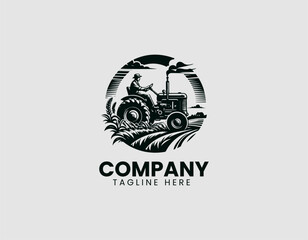 Vintage Countryside Scene Farmer Old Tractor Field Vector Logo Design