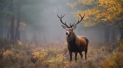 A majestic stag standing in a field with trees and fog in the background on an autumn day scene