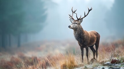 A majestic deer stands in a misty field with trees in the background on a foggy winter day