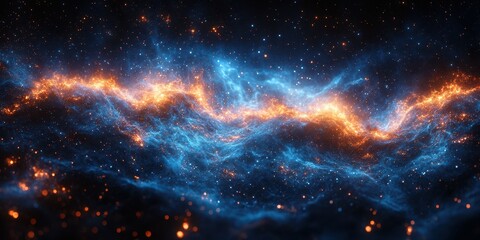 Vibrant cosmic nebula featuring swirling patterns of blue and orange light across the night sky
