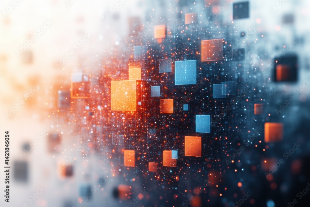 Poster floating data blocks: futuristic digital abstract with glowing squares and particles
