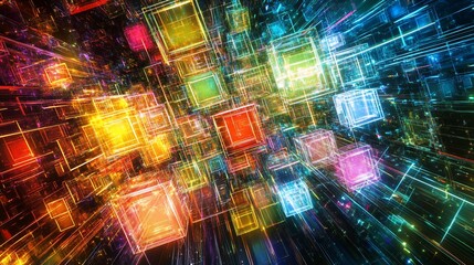 Abstract Cube Network Visualization with Vibrant Colors and Depth