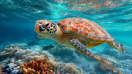 Obraz premium A sea turtle swimming gracefully in clear turquoise water near vibrant coral reefs and ocean floor