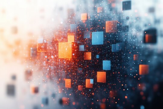 Floating data blocks: futuristic digital abstract with glowing squares and particles
