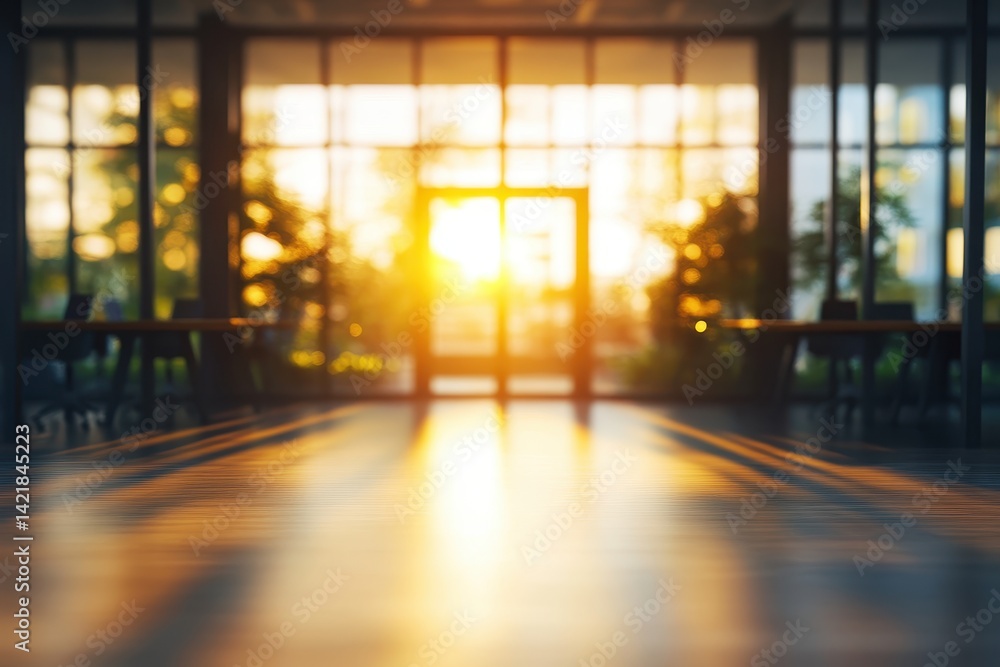 Poster modern open-plan office space at sunset. sunlight streams through large windows illuminating the int