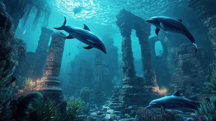 Fototapeta premium Ancient underwater ruins with dolphins