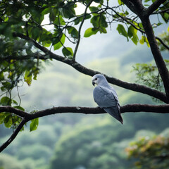 Gray Parrot Perched on a Mossy Tree Branch in Lush Green Forest