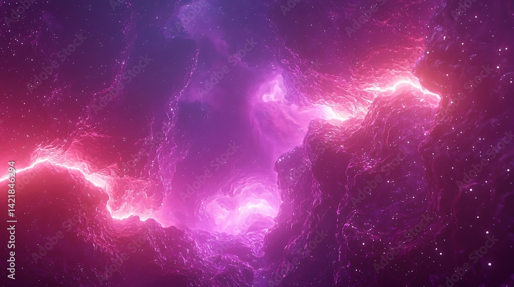 Poster captivating purple and red space scene featuring distant quasars with a neon glow in a macro shot ca