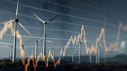 Wind turbines with financial graph overlayed showing the stock market performance of green energy