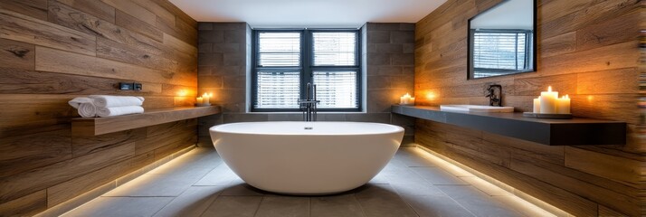 Modern Spa Bathroom with Wooden Walls - Luxurious bathroom design featuring a freestanding bathtub, wooden walls, and subtle lighting. Creates a serene and relaxing atmosphere