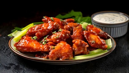 Fototapeta premium Glazed chicken wings in spicy sauce with herb garnish, celery sticks, and ranch dressing