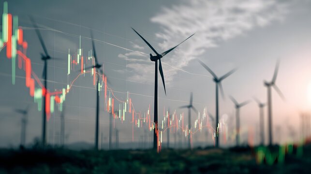 Wind turbines with a stock market chart overlayed showing a potential economic downturn effect on energy - Powered by Adobe