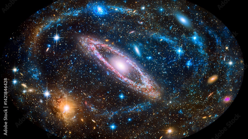 Poster majestic galaxy spreading across the cosmic canvas captured with spotlight effect in a fisheye view 
