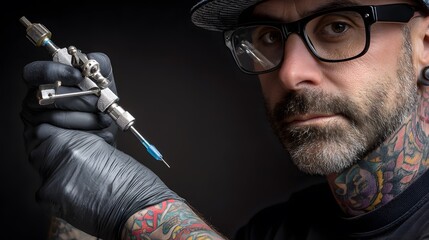 Tattoo artist holding a tattoo machine with black gloves and tattoos on his neck and arms looking at camera