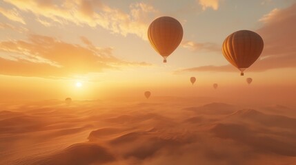 Obraz premium Hot air balloons over a golden desert at sunrise. Vast sand dunes stretch beneath a colorful sky. Several balloons float in the warm light