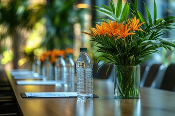 Conference table setup with water flowers and meeting materials Ready to begin