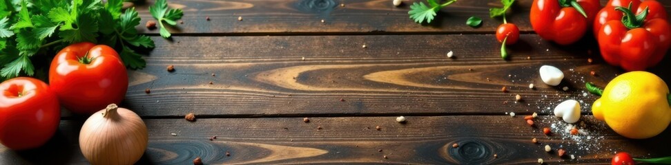Naklejka premium Rustic wooden table, scattered cooking ingredients, copy space , top view, vintage