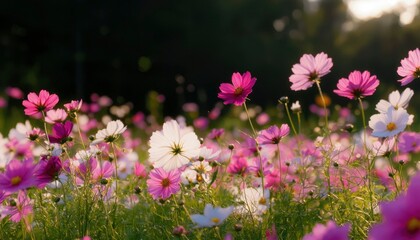 Fototapeta premium Cosmos field in sunset