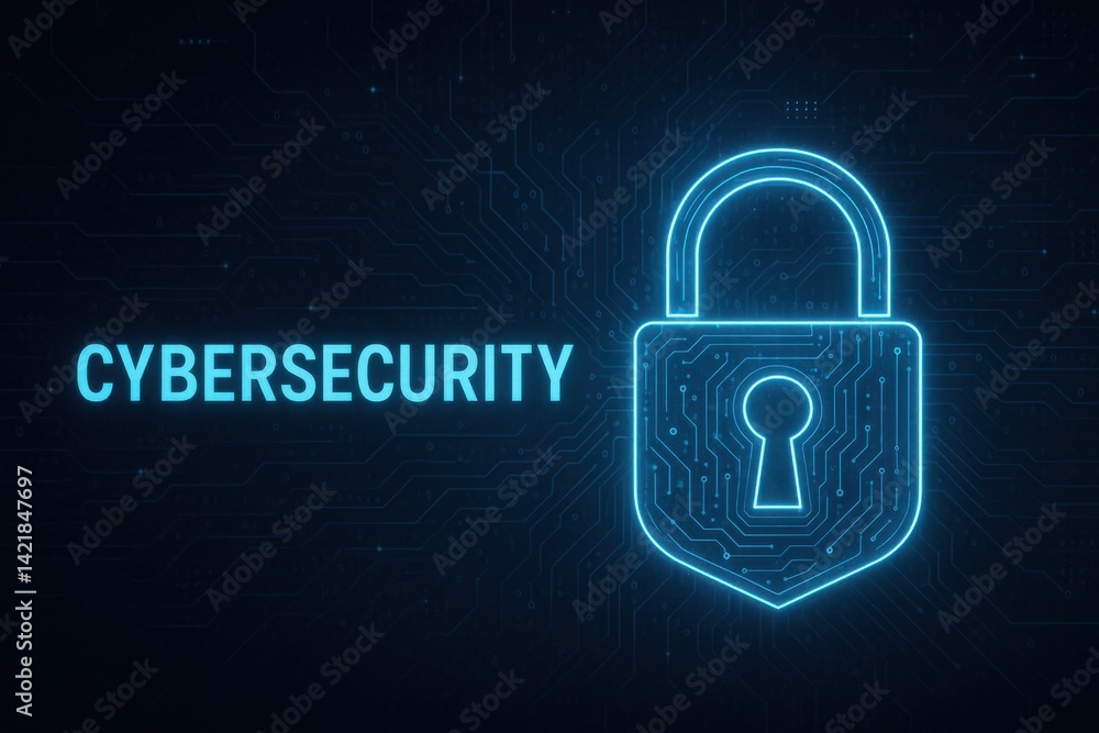 Poster a visually striking representation of cybersecurity featuring a digital lock and circuitry