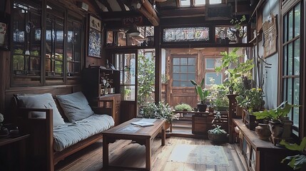 Fototapeta premium Sunlit rustic room with wooden furniture, plants, and windows.