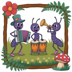 Cartoon Ants Playing Musical Instruments &ndash; Whimsical Nature-Inspired Scene