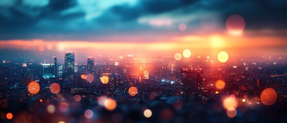 Fototapeta premium Cityscape at Sunset: A Breathtaking Panorama of Urban Lights and Colors