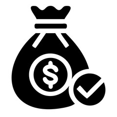 Money bag with approval tick vector Black Silhouette isolated on transparent background